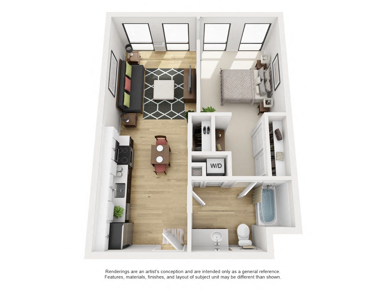 Floor plan for 1 bed, 1 bath, 663 sqft